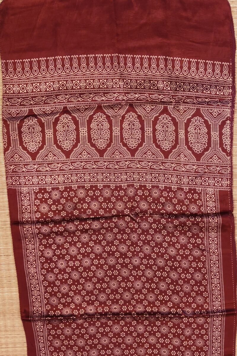 Dreamy Drapes - Maroon Modal Silk Floral Ajrakh Stole with 5-Petal Blooms & Cream Circular Motifs - Image 3