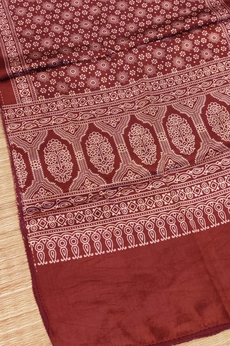 Dreamy Drapes - Maroon Modal Silk Floral Ajrakh Stole with 5-Petal Blooms & Cream Circular Motifs - Image 4