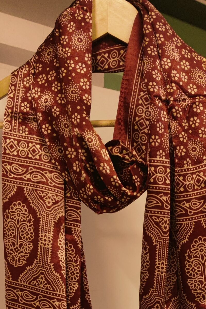 Dreamy Drapes - Maroon Modal Silk Floral Ajrakh Stole with 5-Petal Blooms & Cream Circular Motifs - Image 5