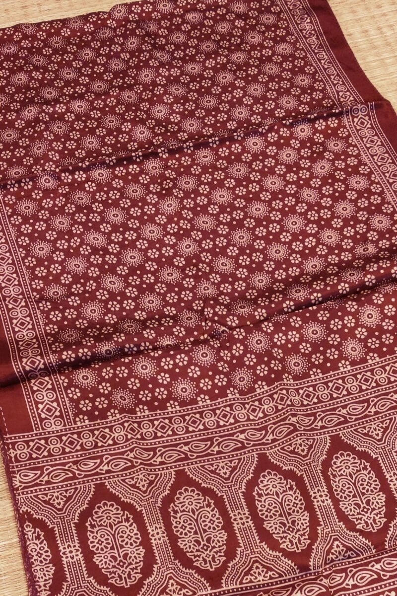 Dreamy Drapes - Maroon Modal Silk Floral Ajrakh Stole with 5-Petal Blooms & Cream Circular Motifs - Image 6