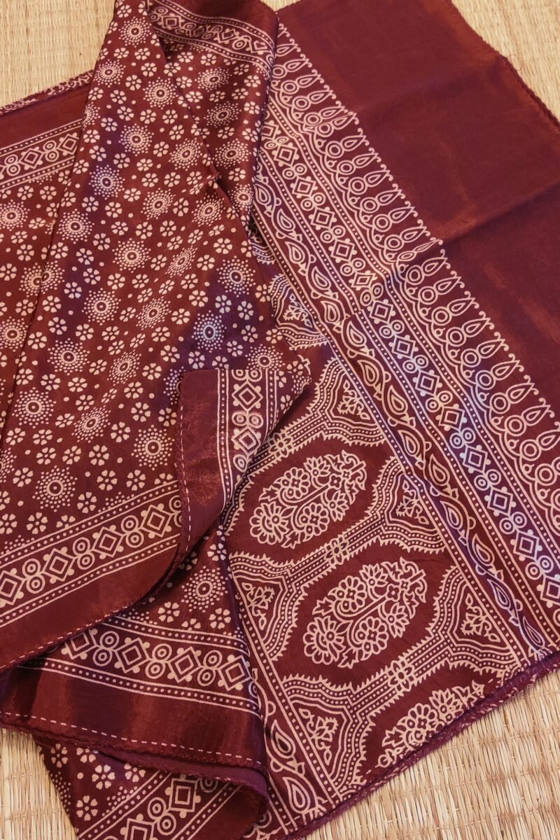 Dreamy Drapes - Maroon Modal Silk Floral Ajrakh Stole with 5-Petal Blooms & Cream Circular Motifs - Image 7
