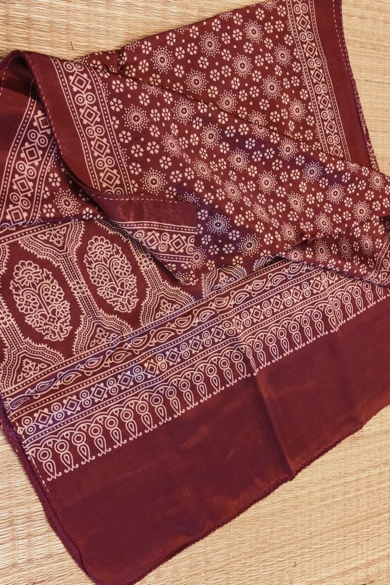 Dreamy Drapes - Maroon Modal Silk Floral Ajrakh Stole with 5-Petal Blooms & Cream Circular Motifs - Image 8