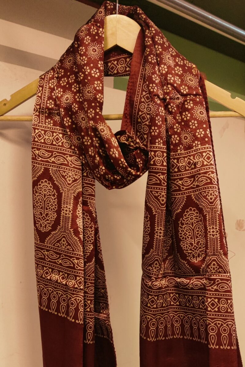 Dreamy Drapes - Maroon Modal Silk Floral Ajrakh Stole with 5-Petal Blooms & Cream Circular Motifs