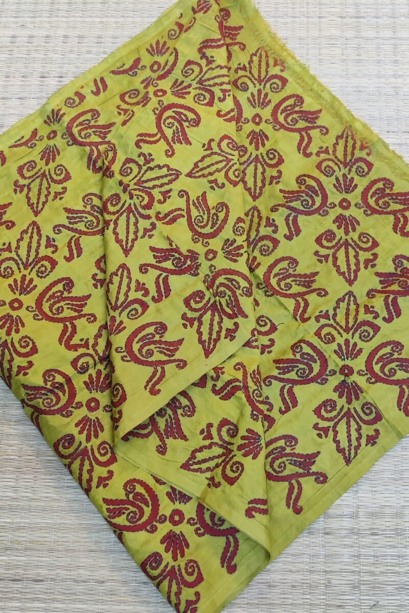 Dreamy Drapes - Moss Green & Red Tussar Peacock Kantha Stole - Image 7