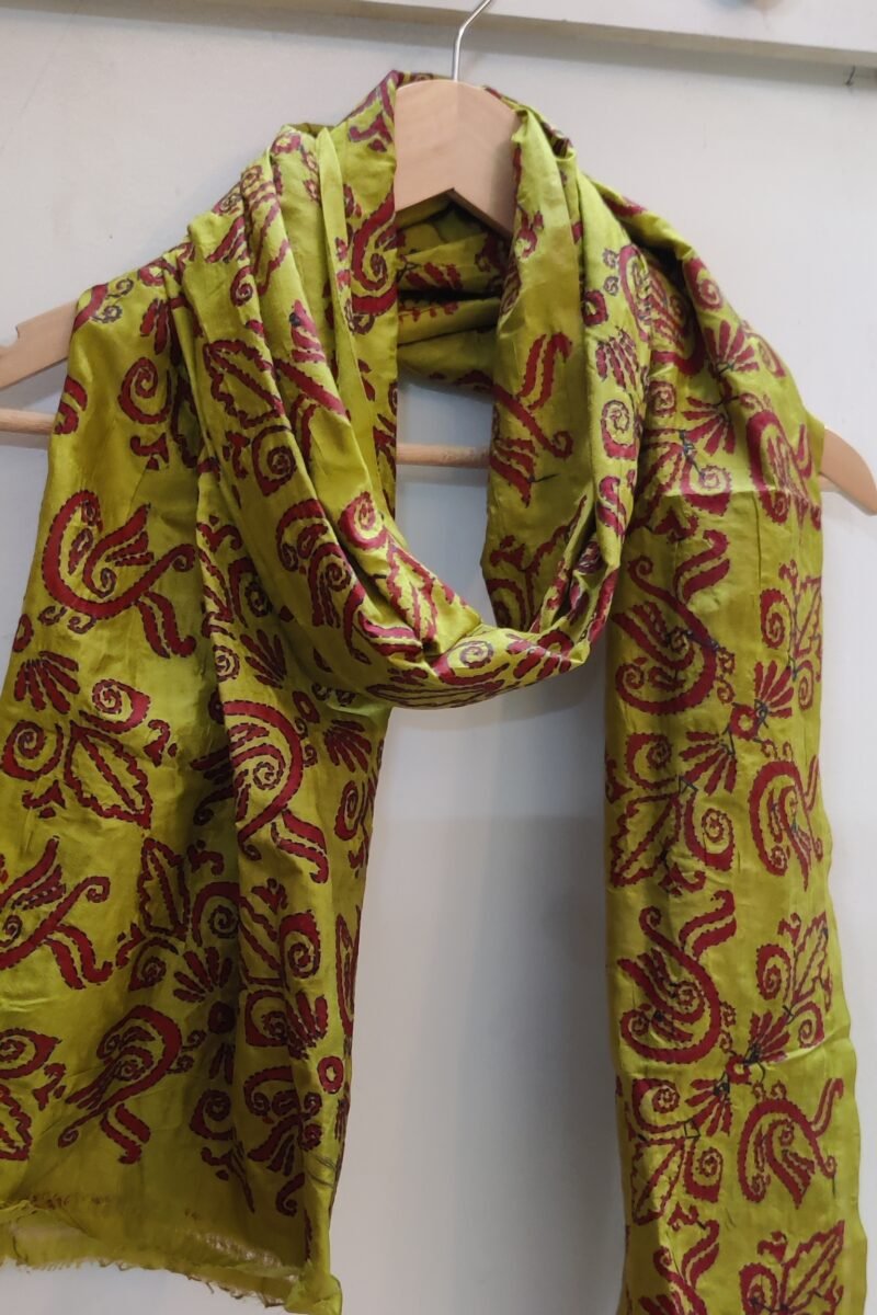 Dreamy Drapes - Moss Green & Red Tussar Peacock Kantha Stole