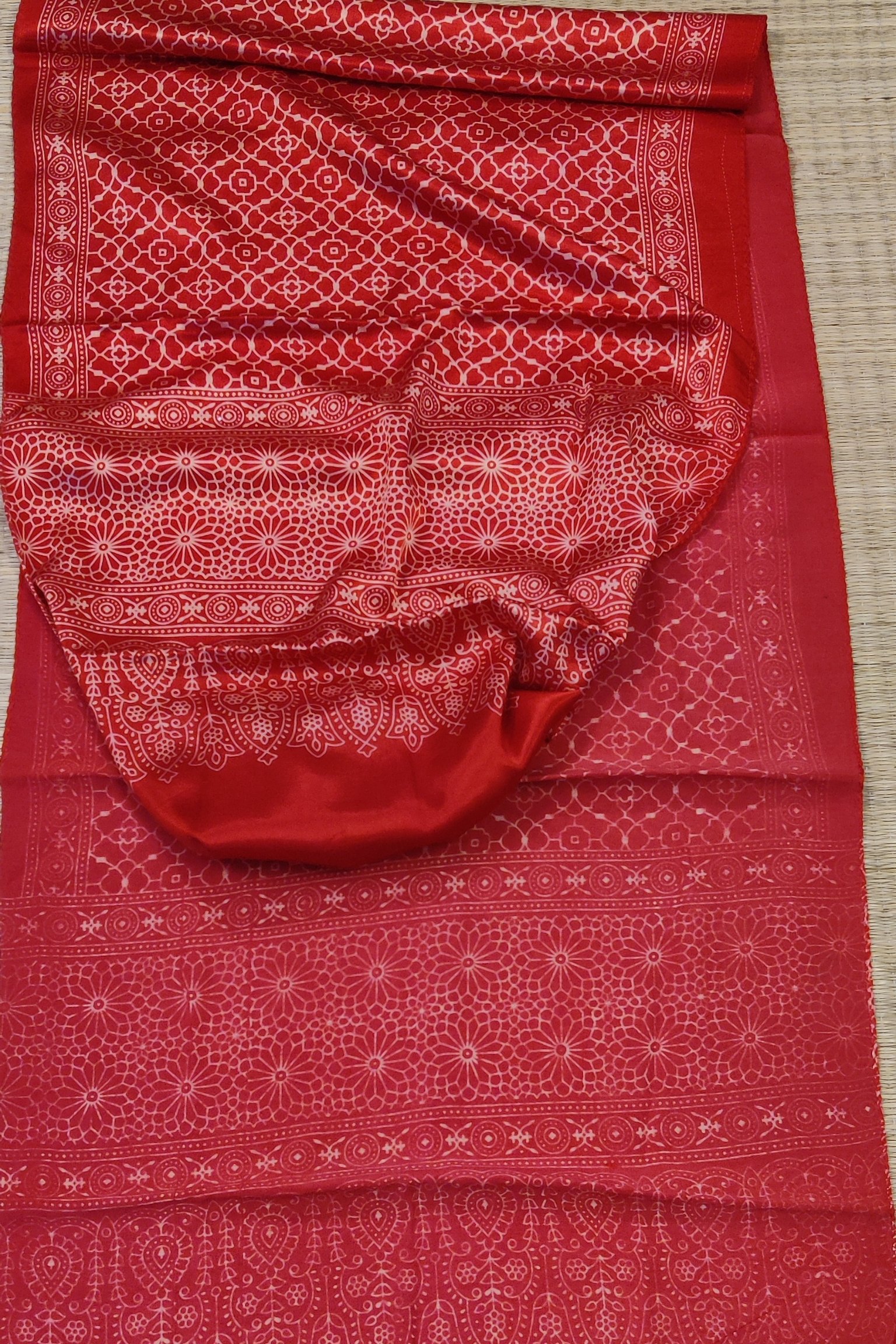 Dreamy Drapes - Tomato Red Modal Silk Honeycomb Ajrakh Stole with Cream Floral Comb Motifs - Image 2