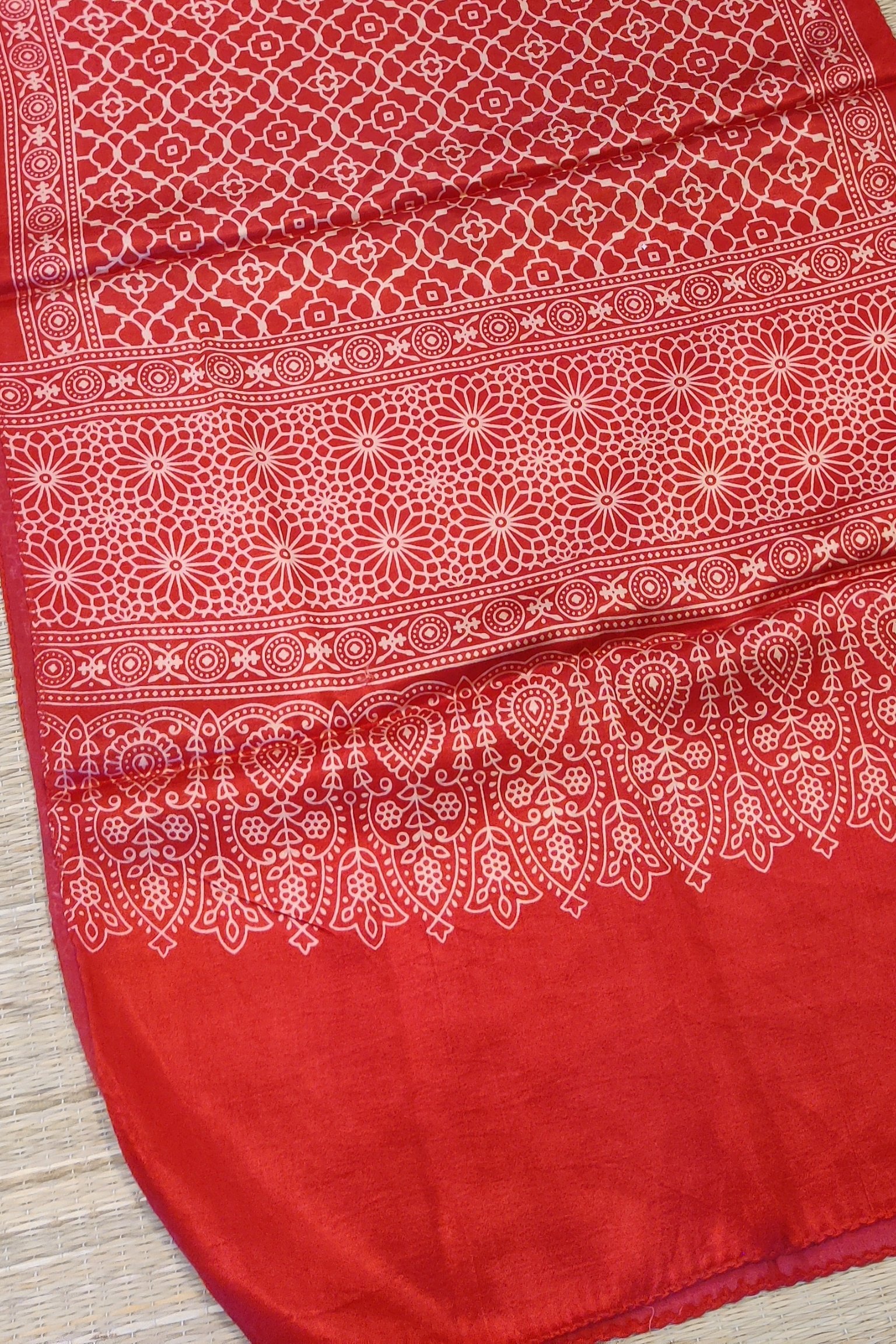 Dreamy Drapes - Tomato Red Modal Silk Honeycomb Ajrakh Stole with Cream Floral Comb Motifs - Image 3