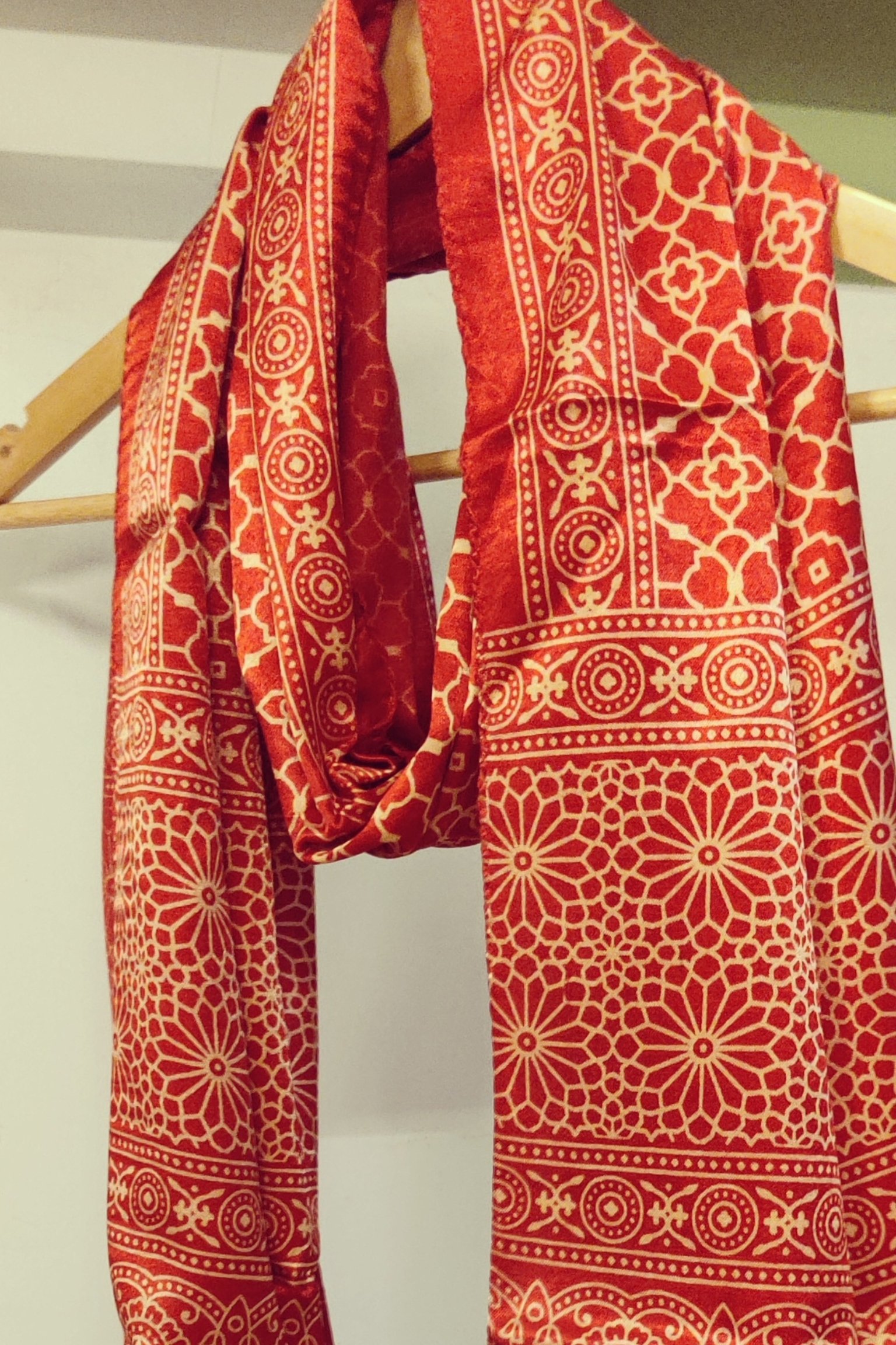 Dreamy Drapes - Tomato Red Modal Silk Honeycomb Ajrakh Stole with Cream Floral Comb Motifs - Image 4