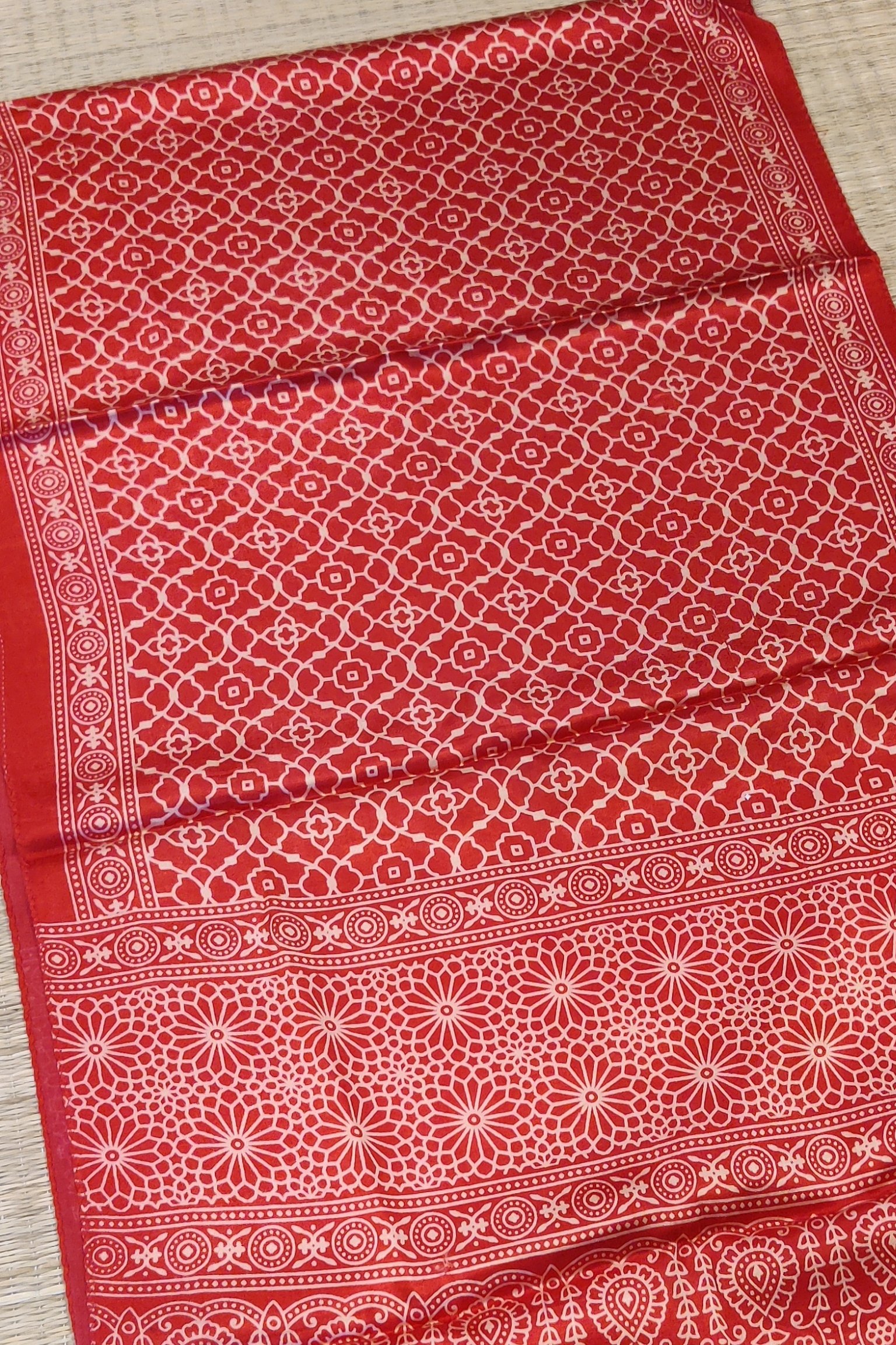 Dreamy Drapes - Tomato Red Modal Silk Honeycomb Ajrakh Stole with Cream Floral Comb Motifs - Image 5