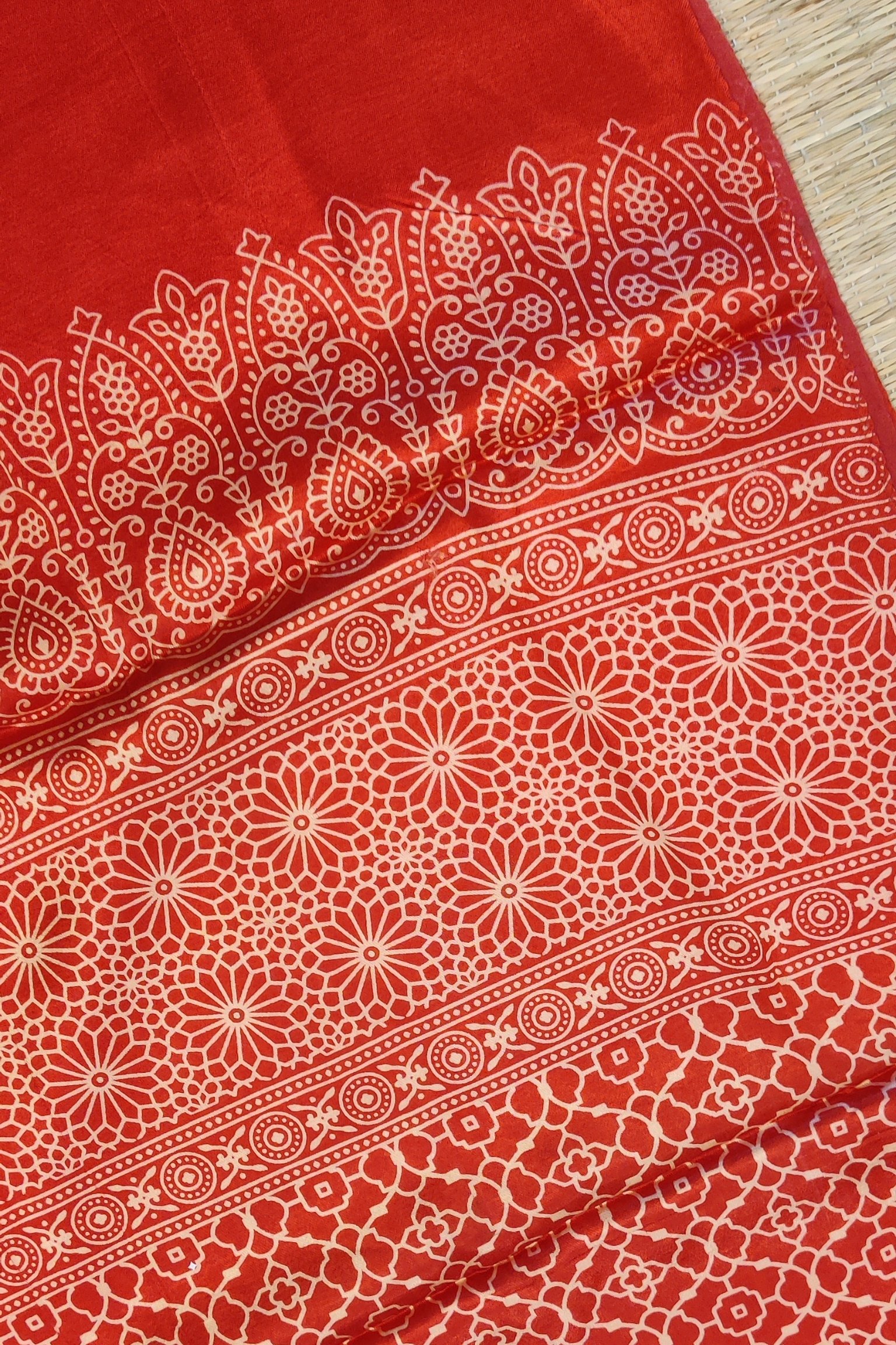 Dreamy Drapes - Tomato Red Modal Silk Honeycomb Ajrakh Stole with Cream Floral Comb Motifs - Image 6