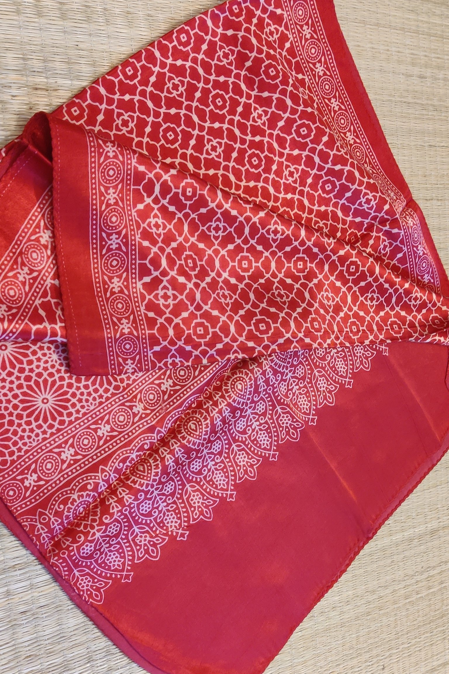 Dreamy Drapes - Tomato Red Modal Silk Honeycomb Ajrakh Stole with Cream Floral Comb Motifs - Image 7
