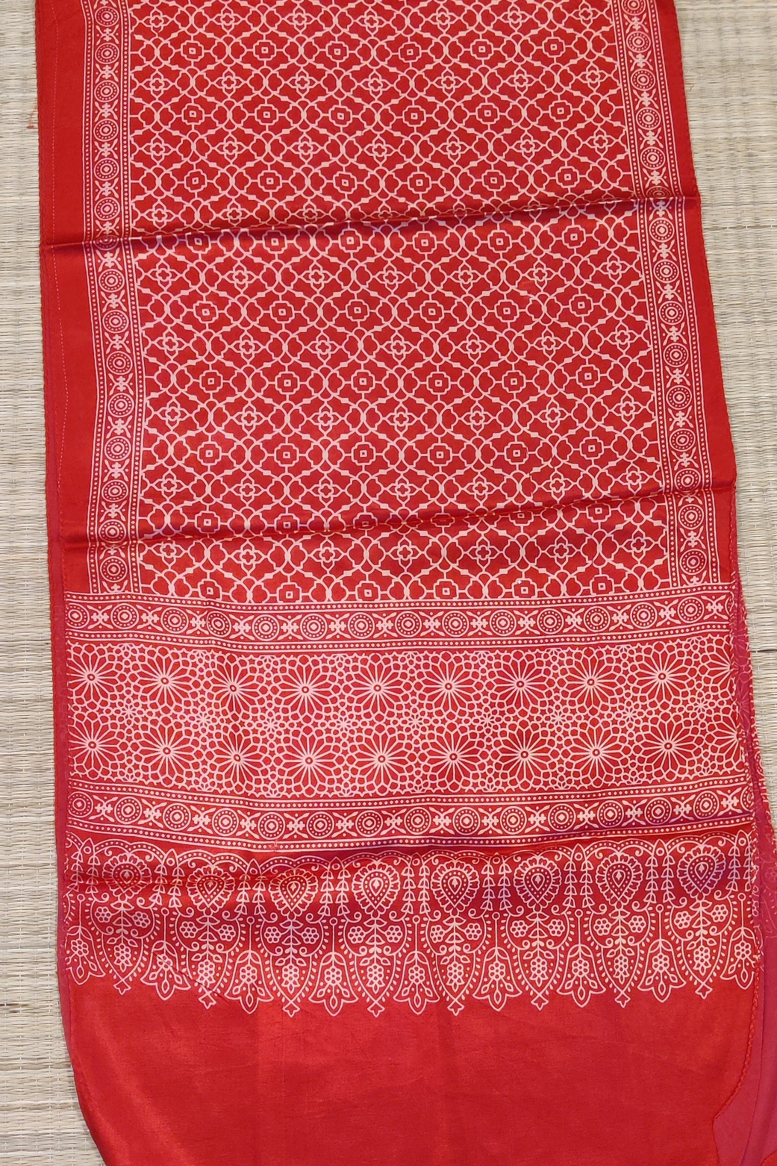Dreamy Drapes - Tomato Red Modal Silk Honeycomb Ajrakh Stole with Cream Floral Comb Motifs - Image 8