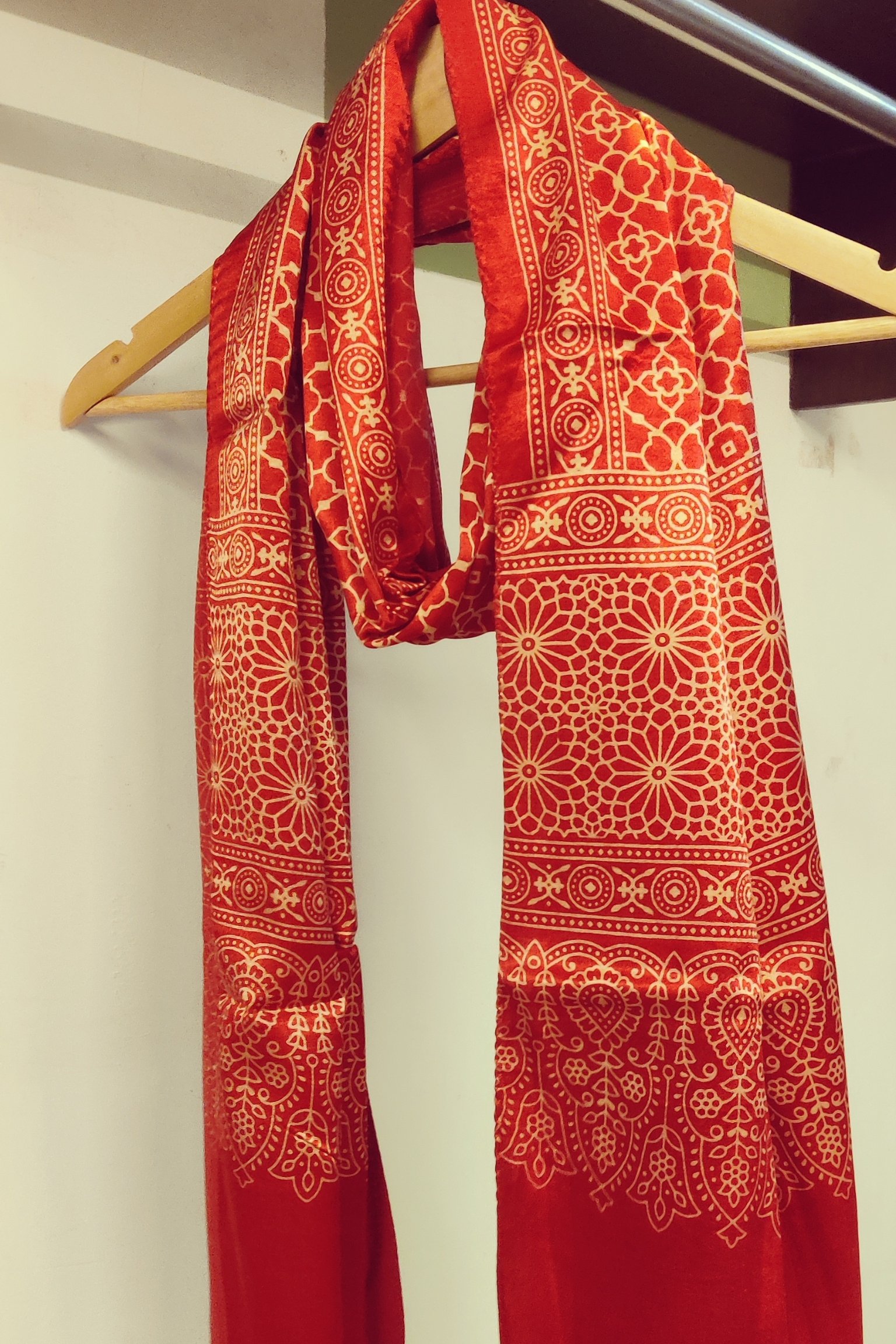 Dreamy Drapes - Tomato Red Modal Silk Honeycomb Ajrakh Stole with Cream Floral Comb Motifs