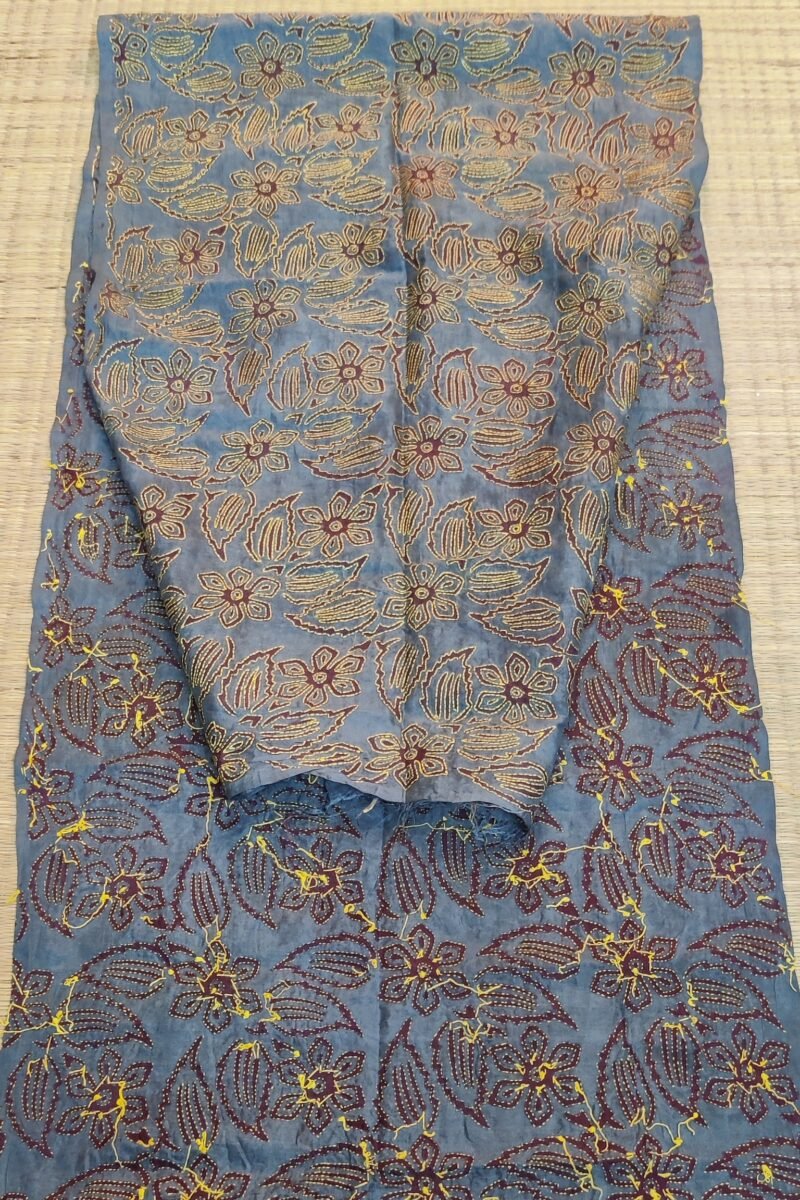 Dreamy Drapes - Slate Grey & Brown Tussar Floral Kantha Stole - Image 2