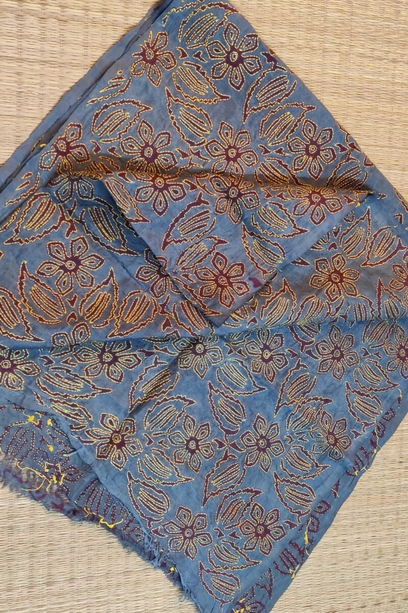 Dreamy Drapes - Slate Grey & Brown Tussar Floral Kantha Stole - Image 6