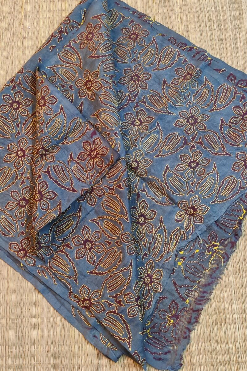 Dreamy Drapes - Slate Grey & Brown Tussar Floral Kantha Stole - Image 7