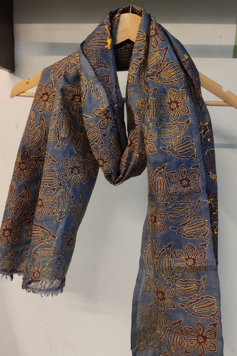 Dreamy Drapes - Slate Grey & Brown Tussar Floral Kantha Stole