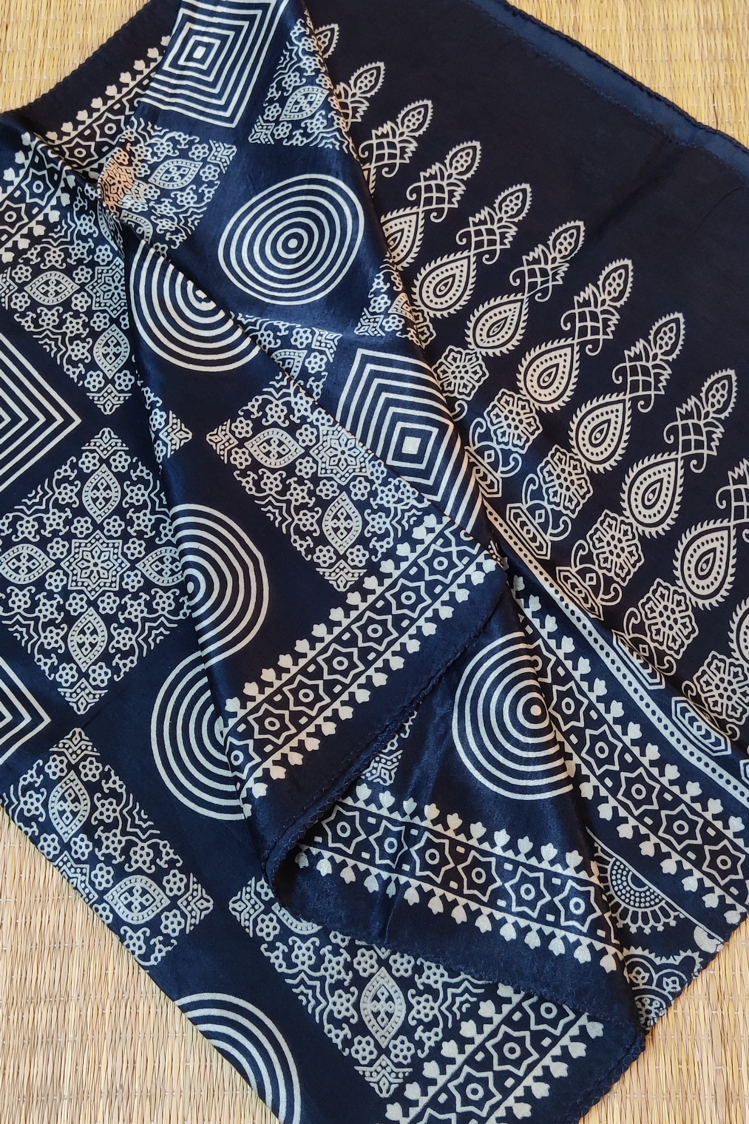 Dreamy Drapes - Navy Blue Modal Silk Square Panel Ajrakh Stole with Cream Concentric Circles - Image 6