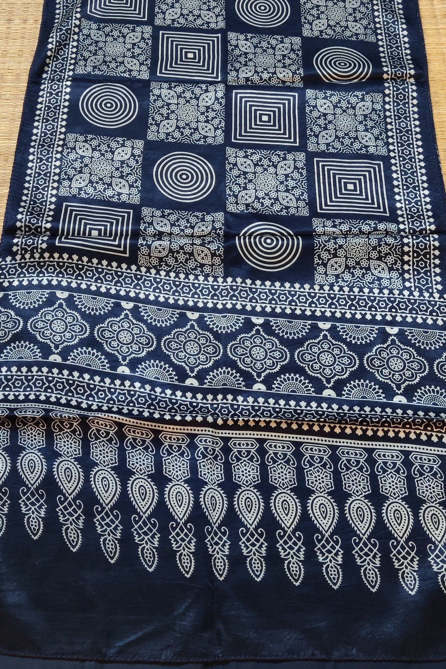 Dreamy Drapes - Navy Blue Modal Silk Square Panel Ajrakh Stole with Cream Concentric Circles - Image 8