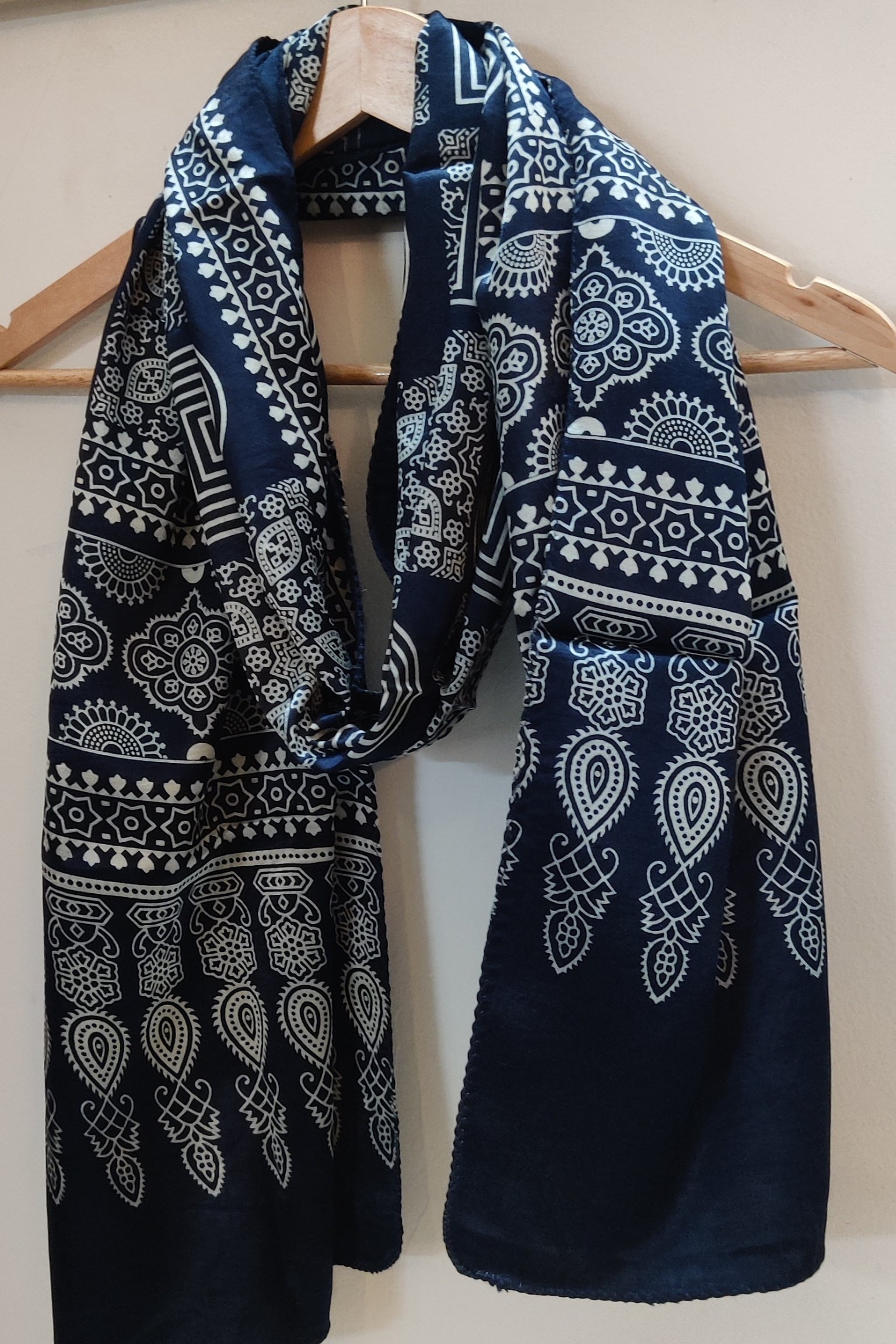 Dreamy Drapes - Navy Blue Modal Silk Square Panel Ajrakh Stole with Cream Concentric Circles