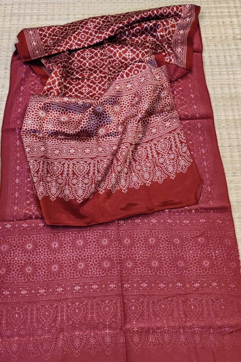 Dreamy Drapes - Maroon Modal Silk Honeycomb Ajrakh Stole with Cream Jal Borders & Floral Comb Motifs - Image 2