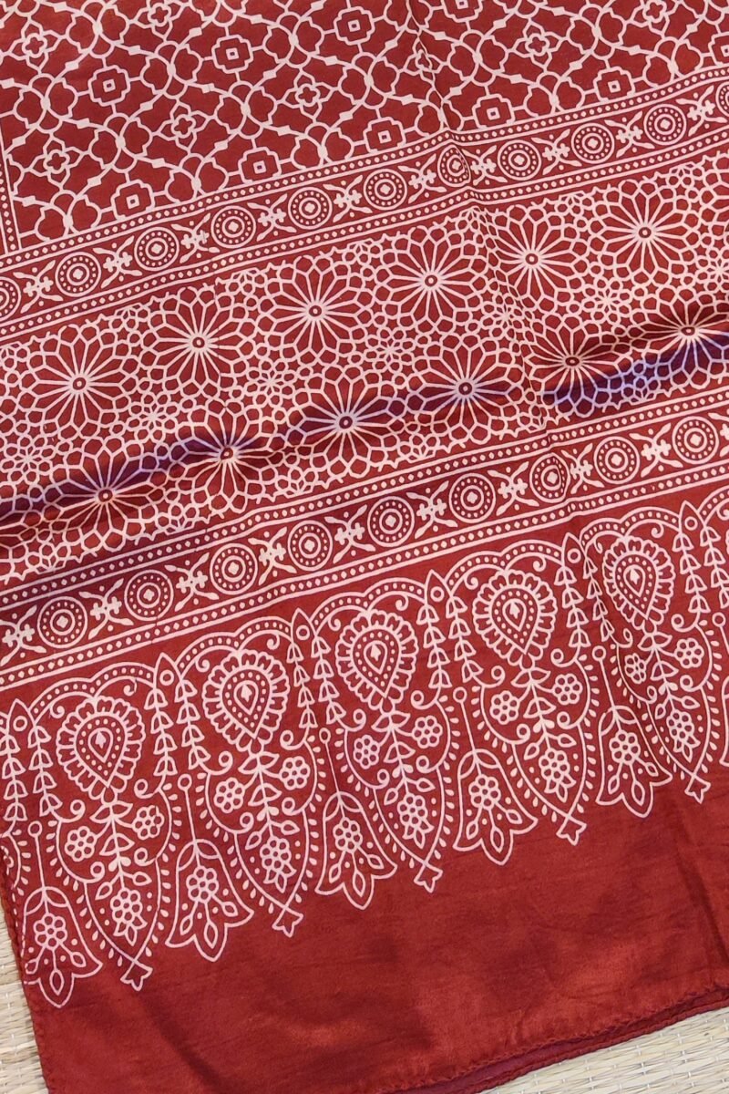 Dreamy Drapes - Maroon Modal Silk Honeycomb Ajrakh Stole with Cream Jal Borders & Floral Comb Motifs - Image 3