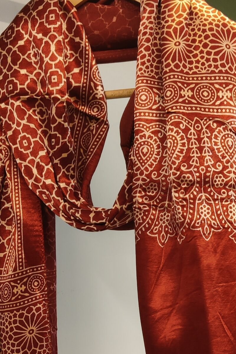 Dreamy Drapes - Maroon Modal Silk Honeycomb Ajrakh Stole with Cream Jal Borders & Floral Comb Motifs - Image 4