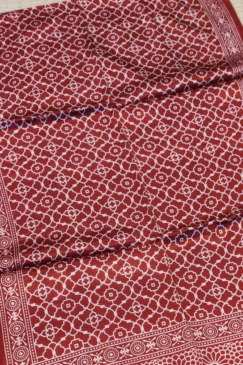 Dreamy Drapes - Maroon Modal Silk Honeycomb Ajrakh Stole with Cream Jal Borders & Floral Comb Motifs - Image 5