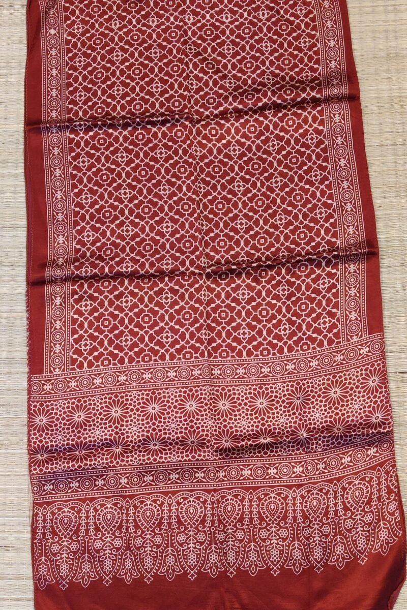 Dreamy Drapes - Maroon Modal Silk Honeycomb Ajrakh Stole with Cream Jal Borders & Floral Comb Motifs - Image 6