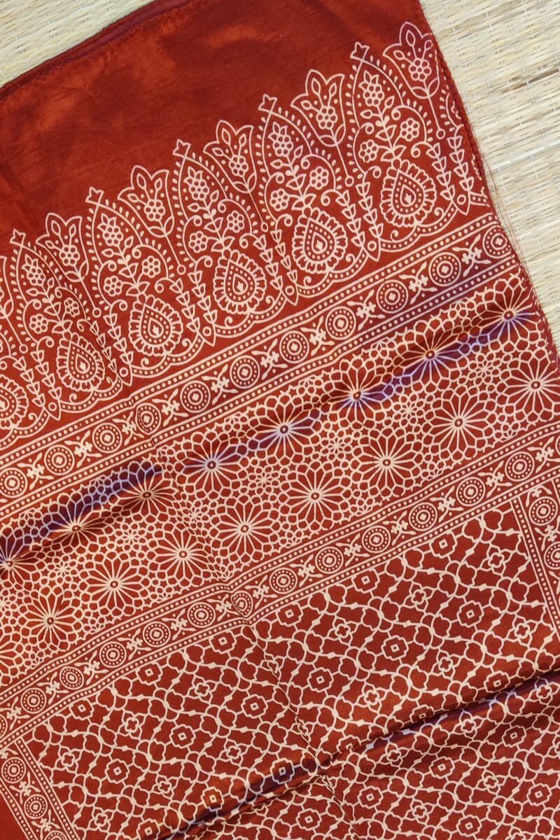 Dreamy Drapes - Maroon Modal Silk Honeycomb Ajrakh Stole with Cream Jal Borders & Floral Comb Motifs - Image 7