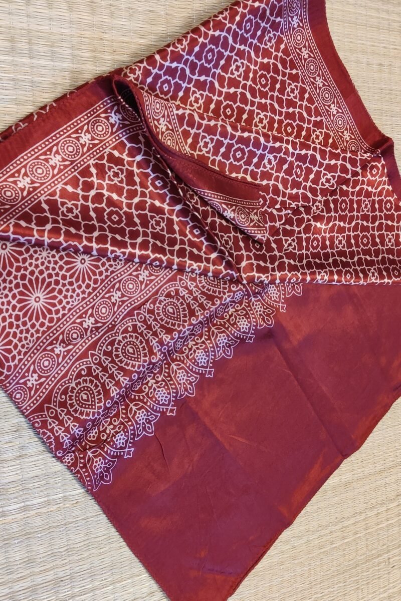 Dreamy Drapes - Maroon Modal Silk Honeycomb Ajrakh Stole with Cream Jal Borders & Floral Comb Motifs - Image 8