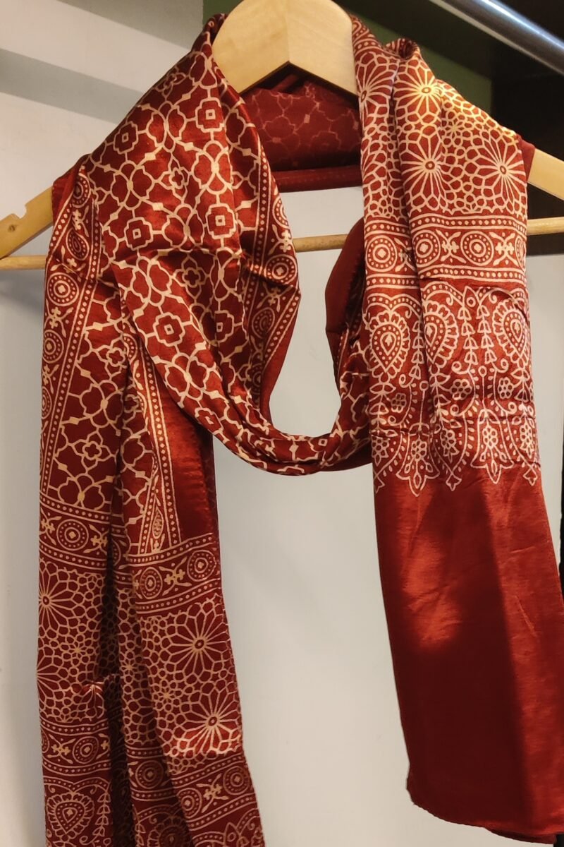 Dreamy Drapes - Maroon Modal Silk Honeycomb Ajrakh Stole with Cream Jal Borders & Floral Comb Motifs