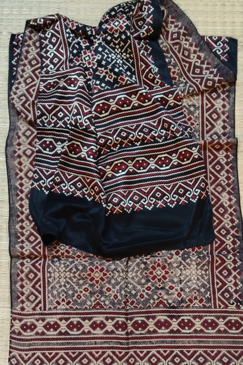 Dreamy Drapes - Black Modal Silk Diamond Ajrakh Stole with Cream & Maroon Geometric Motifs - Image 2