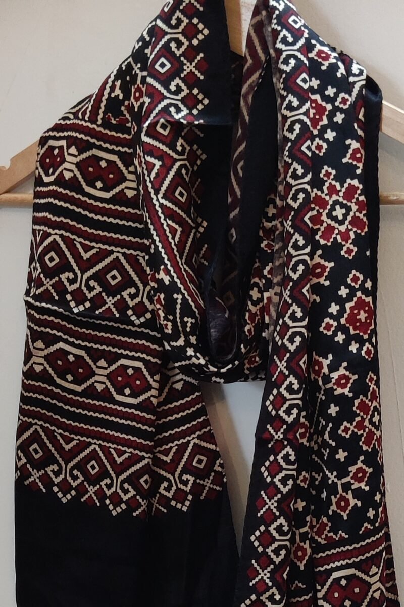 Dreamy Drapes - Black Modal Silk Diamond Ajrakh Stole with Cream & Maroon Geometric Motifs - Image 4