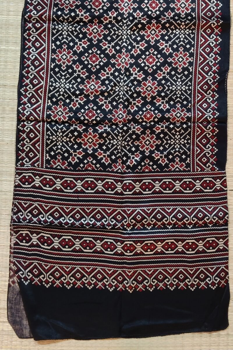 Dreamy Drapes - Black Modal Silk Diamond Ajrakh Stole with Cream & Maroon Geometric Motifs - Image 6