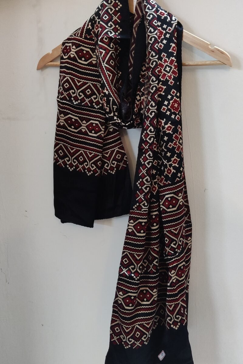 Dreamy Drapes - Black Modal Silk Diamond Ajrakh Stole with Cream & Maroon Geometric Motifs