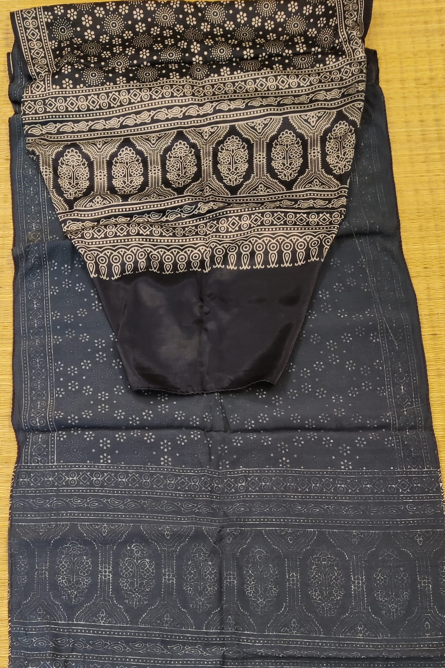 Dreamy Drapes - Indigo Blue Modal Silk Ajrakh Stole with White 5-Petal Florals and Circular Motifs - Image 2