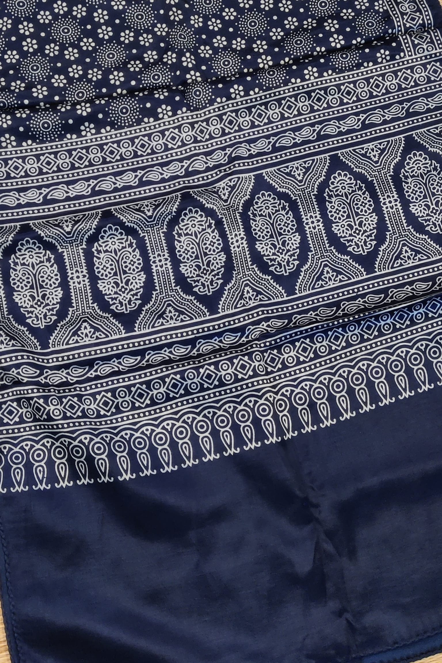 Dreamy Drapes - Indigo Blue Modal Silk Ajrakh Stole with White 5-Petal Florals and Circular Motifs - Image 3