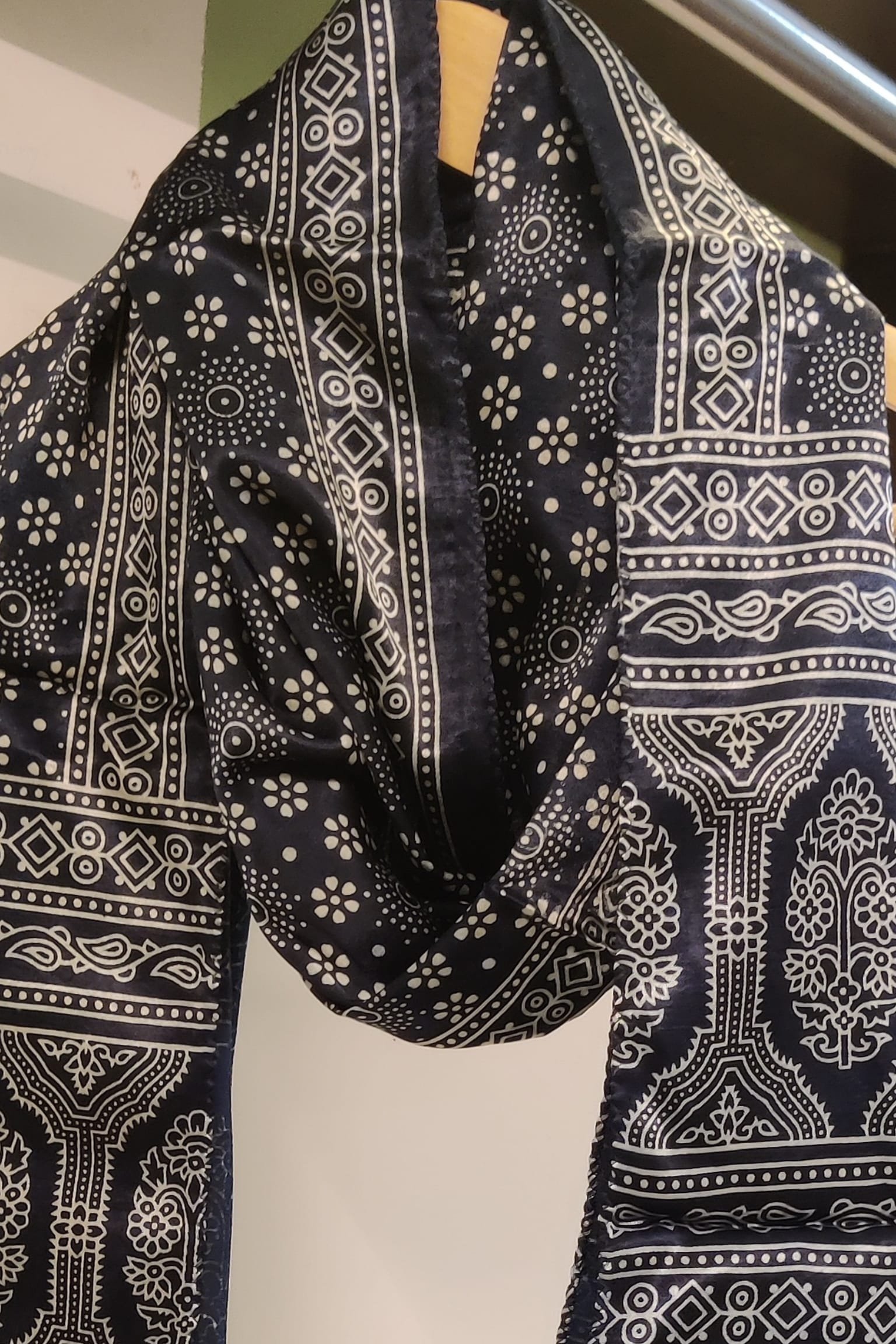 Dreamy Drapes - Indigo Blue Modal Silk Ajrakh Stole with White 5-Petal Florals and Circular Motifs - Image 4