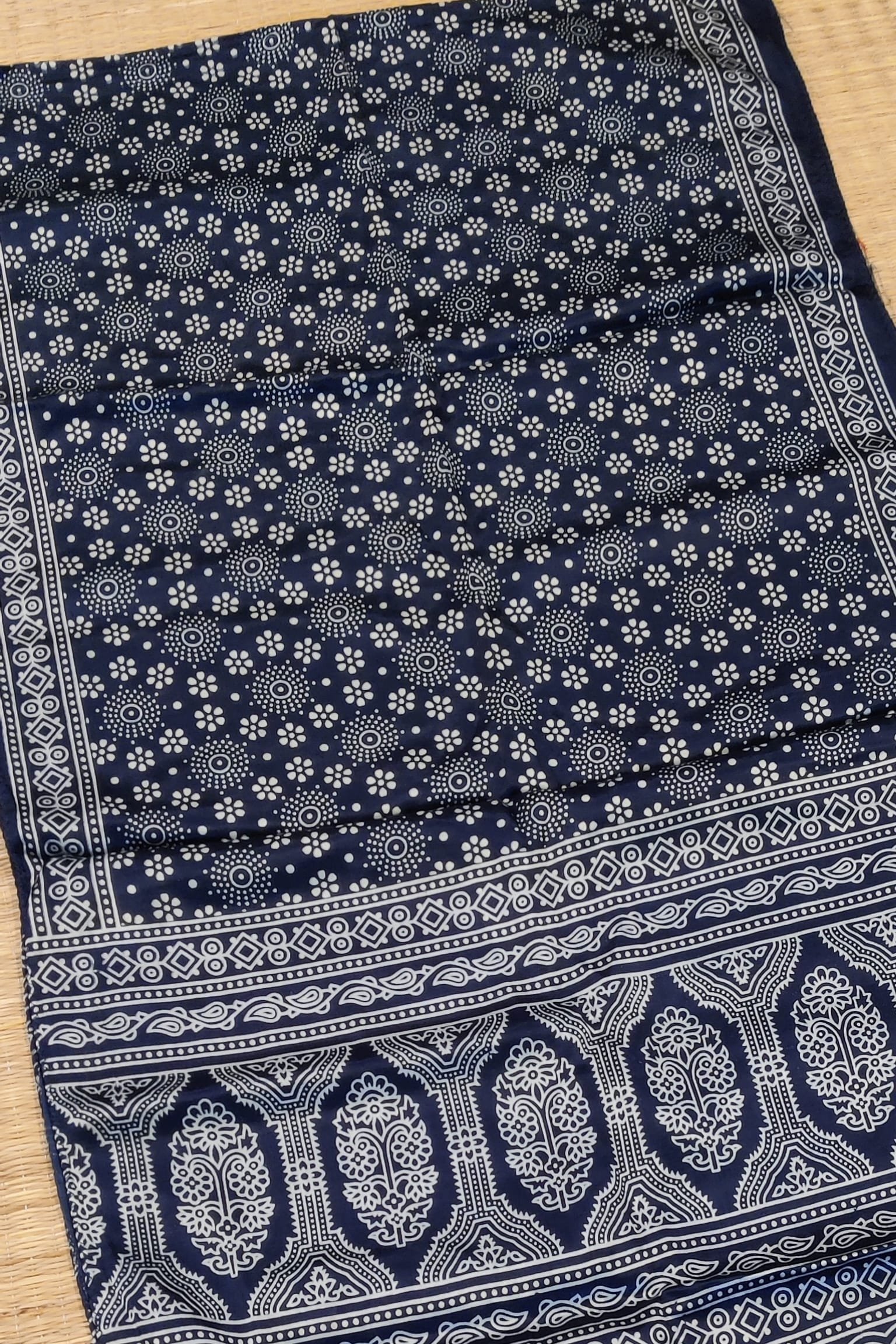 Dreamy Drapes - Indigo Blue Modal Silk Ajrakh Stole with White 5-Petal Florals and Circular Motifs - Image 5