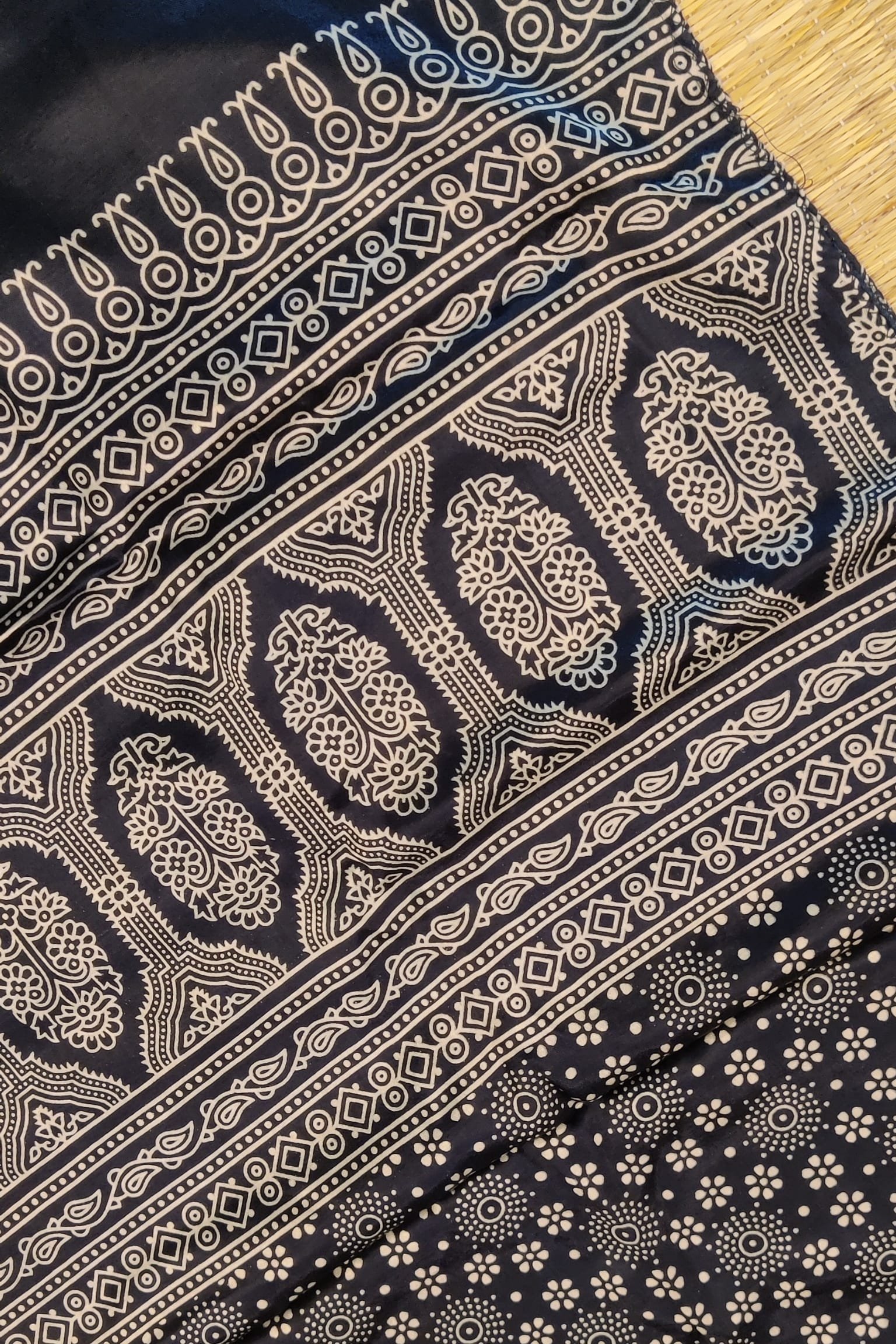 Dreamy Drapes - Indigo Blue Modal Silk Ajrakh Stole with White 5-Petal Florals and Circular Motifs - Image 6