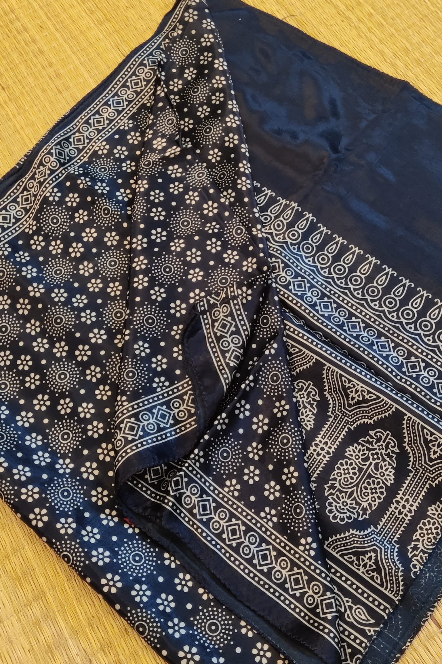 Dreamy Drapes - Indigo Blue Modal Silk Ajrakh Stole with White 5-Petal Florals and Circular Motifs - Image 7