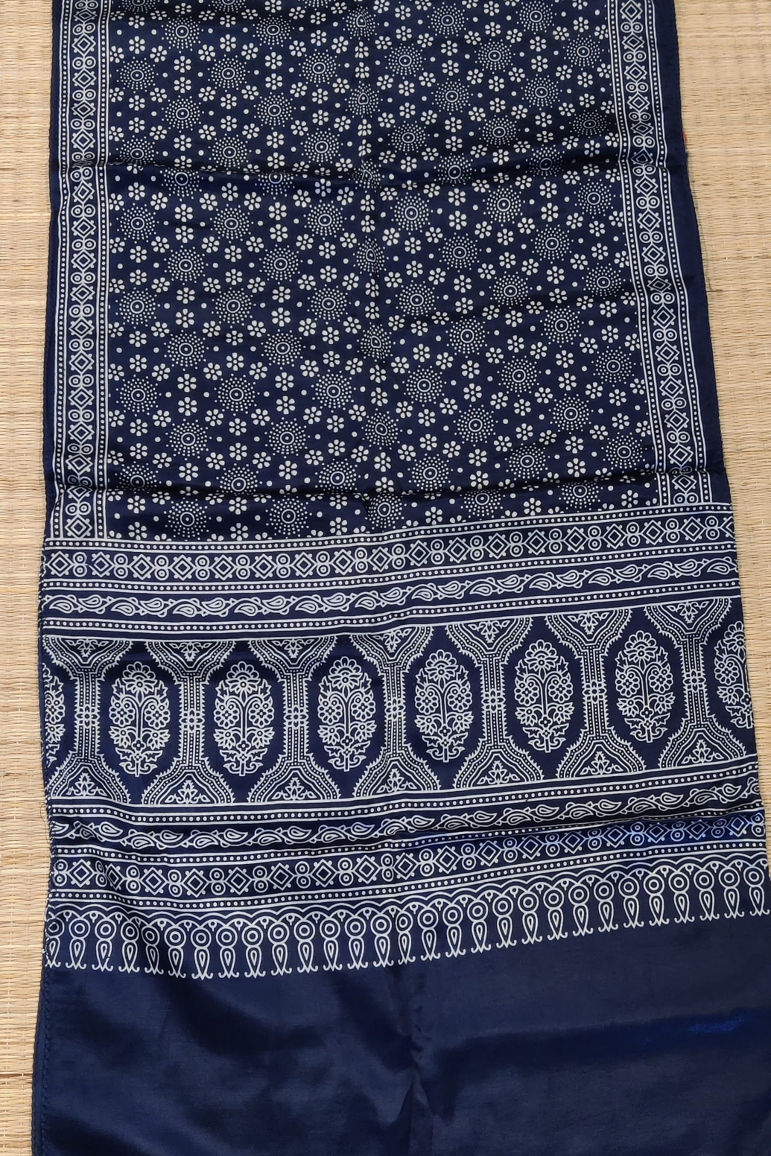Dreamy Drapes - Indigo Blue Modal Silk Ajrakh Stole with White 5-Petal Florals and Circular Motifs - Image 8