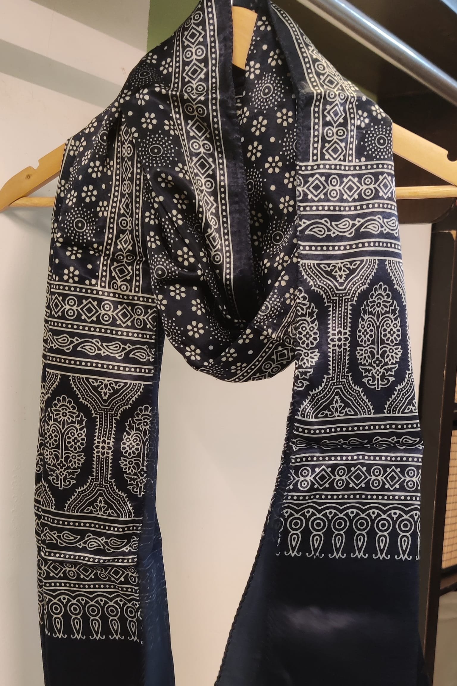 Dreamy Drapes - Indigo Blue Modal Silk Ajrakh Stole with White 5-Petal Florals and Circular Motifs