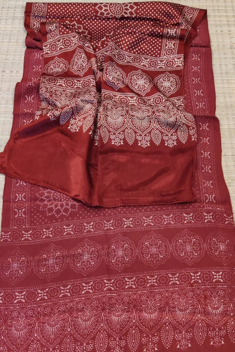 Dreamy Drapes - Maroon Modal Silk Bandhani-Ajrakh Fusion Stole with Cream Floral Motifs - Image 2