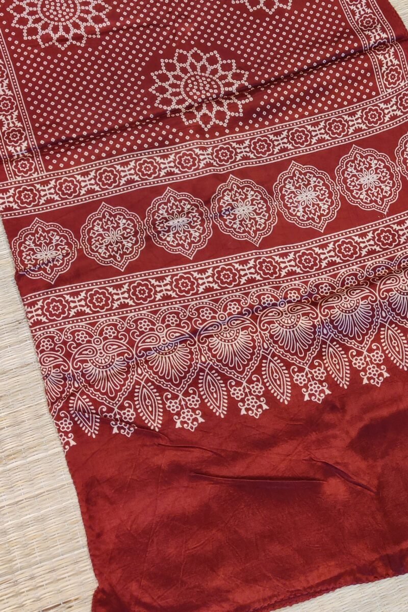 Dreamy Drapes - Maroon Modal Silk Bandhani-Ajrakh Fusion Stole with Cream Floral Motifs - Image 3