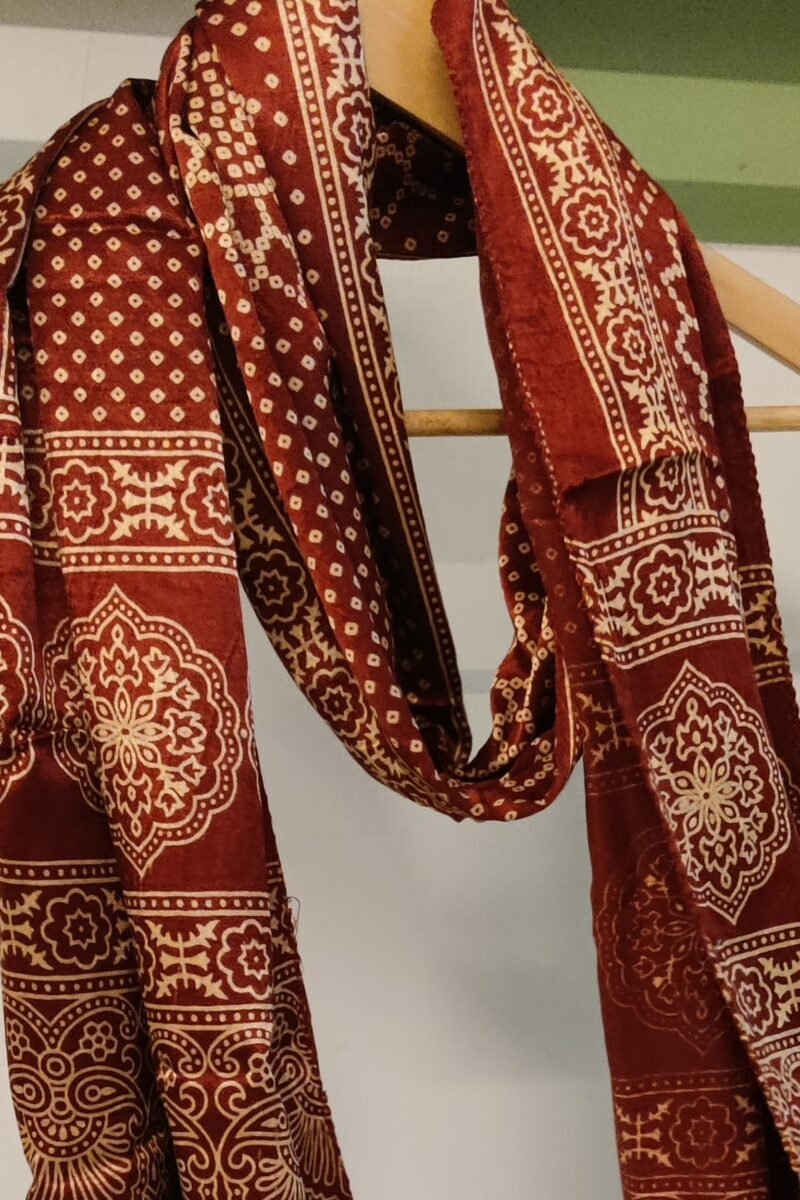 Dreamy Drapes - Maroon Modal Silk Bandhani-Ajrakh Fusion Stole with Cream Floral Motifs - Image 4