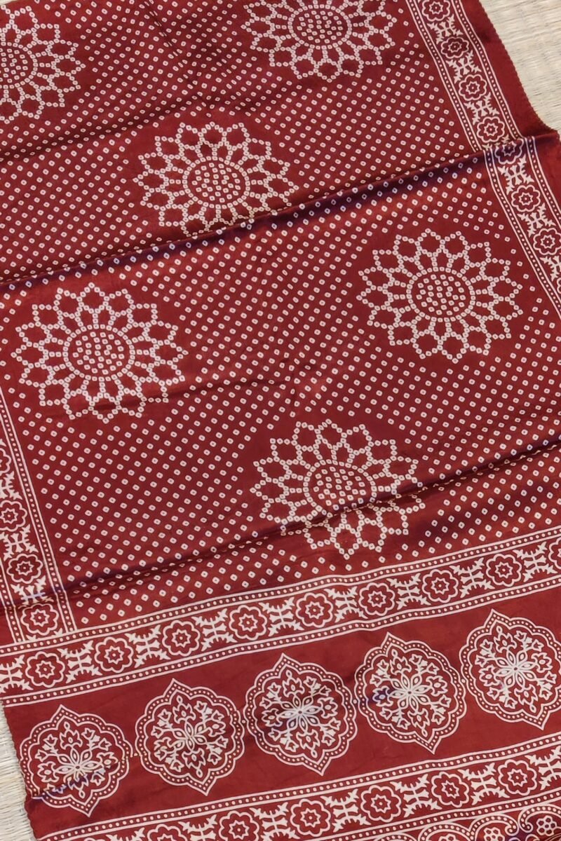 Dreamy Drapes - Maroon Modal Silk Bandhani-Ajrakh Fusion Stole with Cream Floral Motifs - Image 5
