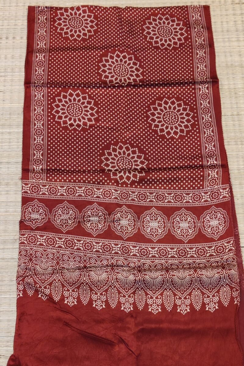 Dreamy Drapes - Maroon Modal Silk Bandhani-Ajrakh Fusion Stole with Cream Floral Motifs - Image 6