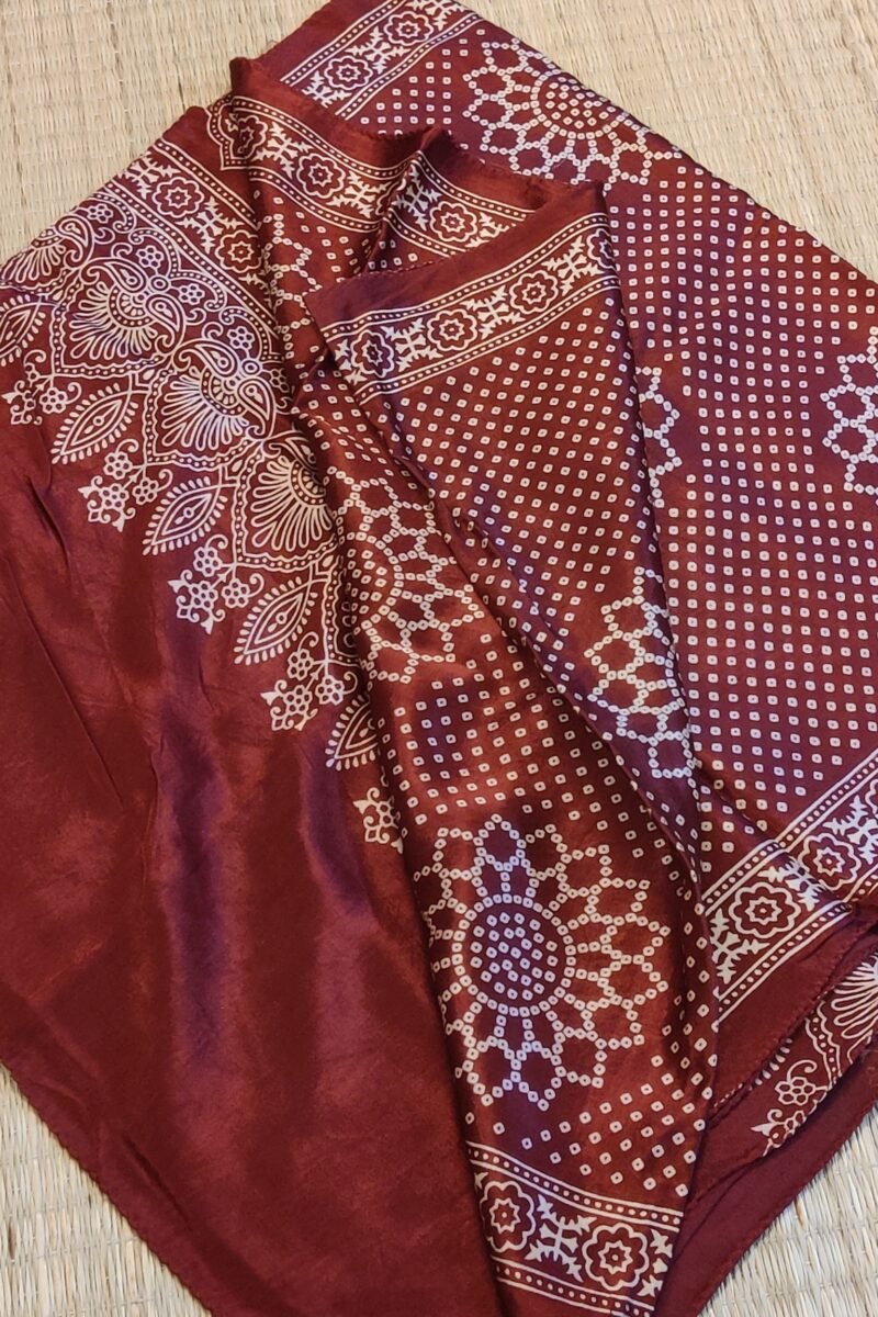 Dreamy Drapes - Maroon Modal Silk Bandhani-Ajrakh Fusion Stole with Cream Floral Motifs - Image 7